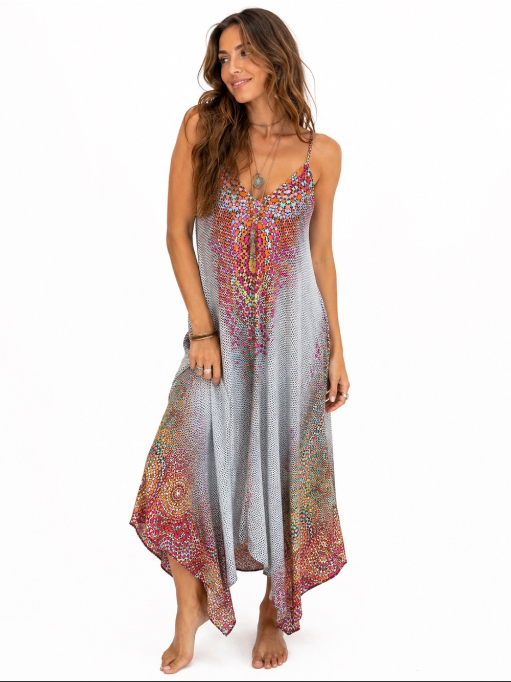 Charlie Jade Boho Multicolor Handkerchief Hem Midi Dress Size XS